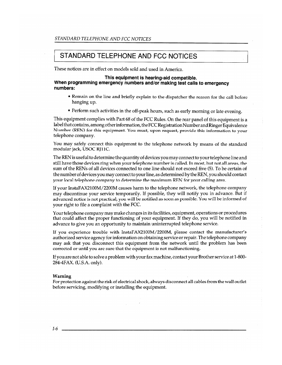 Standard telephone and fcc notices, This equipment is hearing-aid compatible, Standard telephone and fcc notices -6 | Brother INSTAFAX FAX2100M User Manual | Page 26 / 172