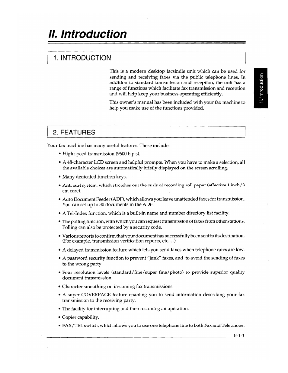 Ii. introduction, Features, Introduction | Brother INSTAFAX FAX2100M User Manual | Page 29 / 172