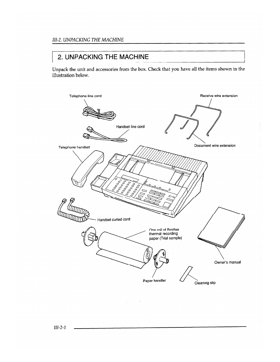 Unpacking the machine | Brother INSTAFAX FAX2100M User Manual | Page 40 / 172