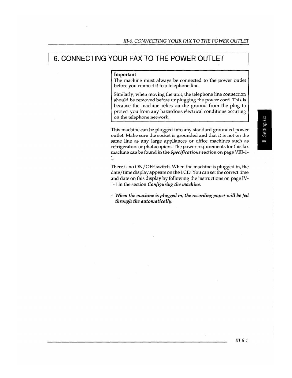 Connecting your fax to the power outlet | Brother INSTAFAX FAX2100M User Manual | Page 49 / 172