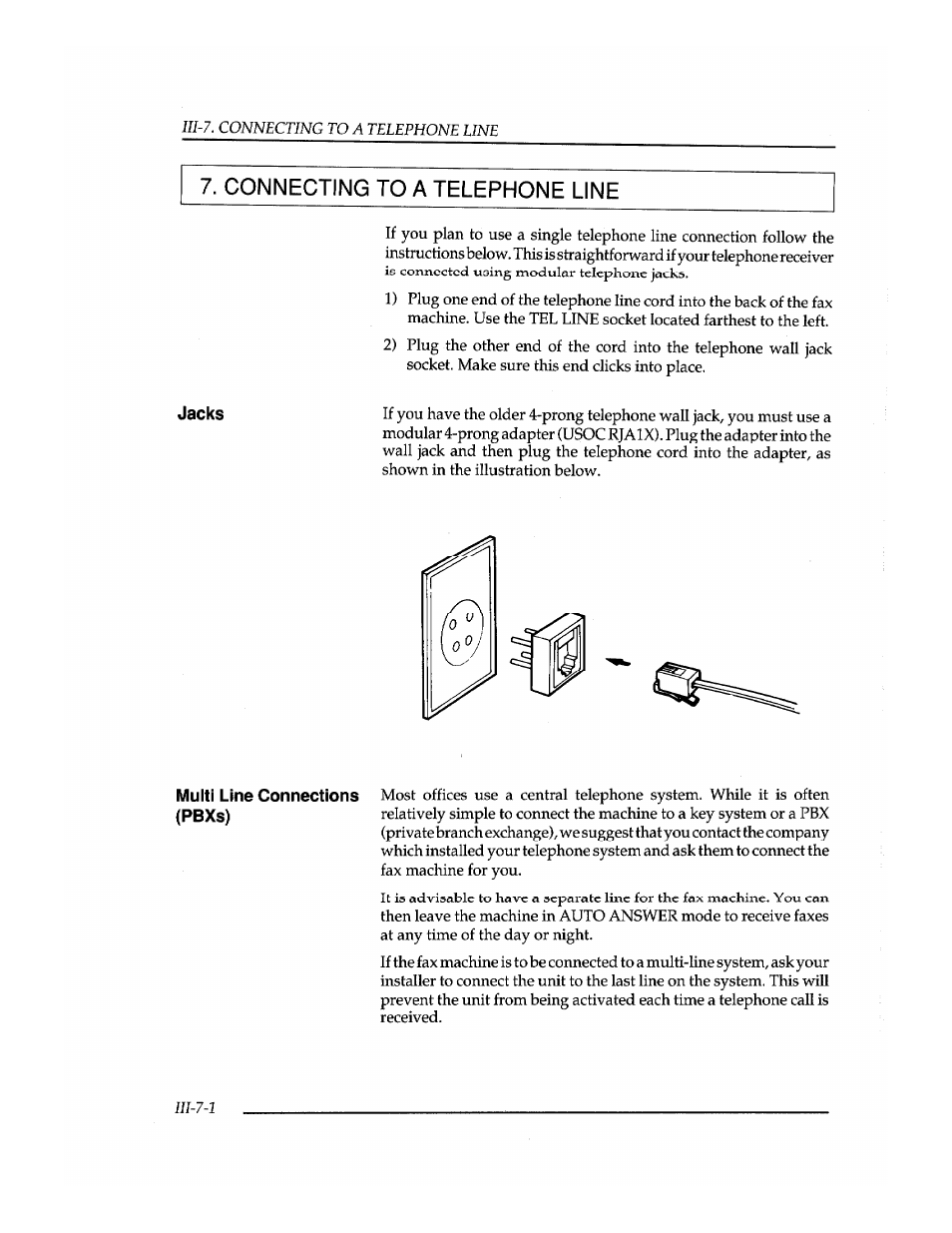 Connecting to a telephone line | Brother INSTAFAX FAX2100M User Manual | Page 50 / 172
