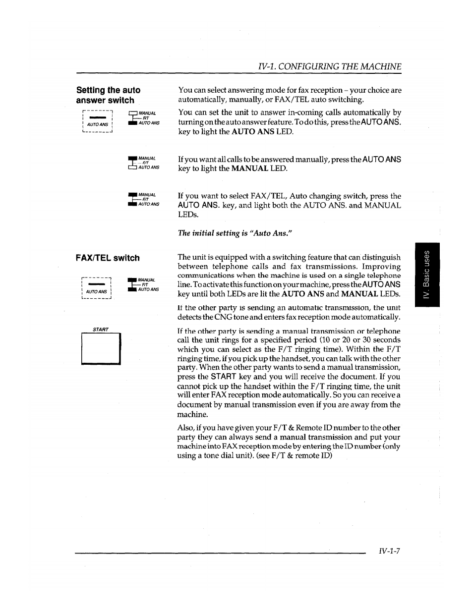 Setting the auto answer switch, Fax/tel switch | Brother INSTAFAX FAX2100M User Manual | Page 61 / 172