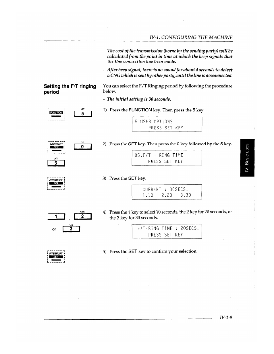 Setting the f/t ringing period, L_____j, User options press set key | F/t - ring time press set key, F/t-ring time : 20secs press set key | Brother INSTAFAX FAX2100M User Manual | Page 63 / 172