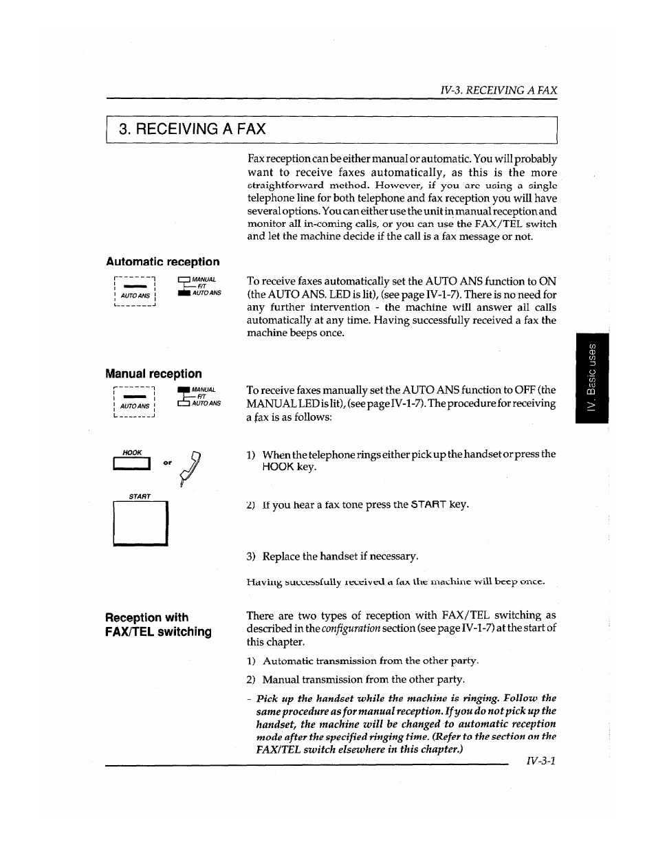Receiving a fax, Automatic reception, Manual reception | Reception with fax/tel switching | Brother INSTAFAX FAX2100M User Manual | Page 75 / 172