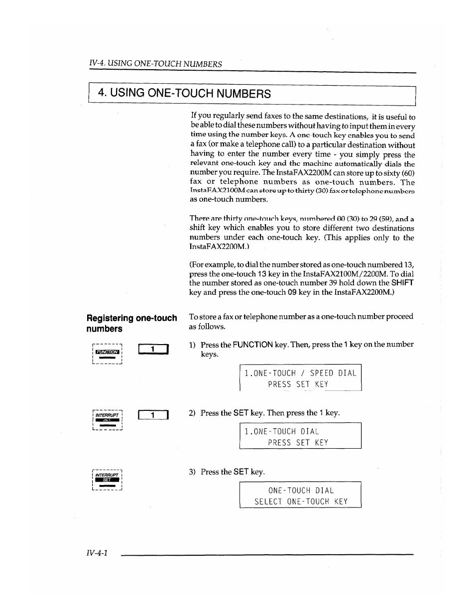 Using one-touch numbers, Iv-4 | Brother INSTAFAX FAX2100M User Manual | Page 78 / 172