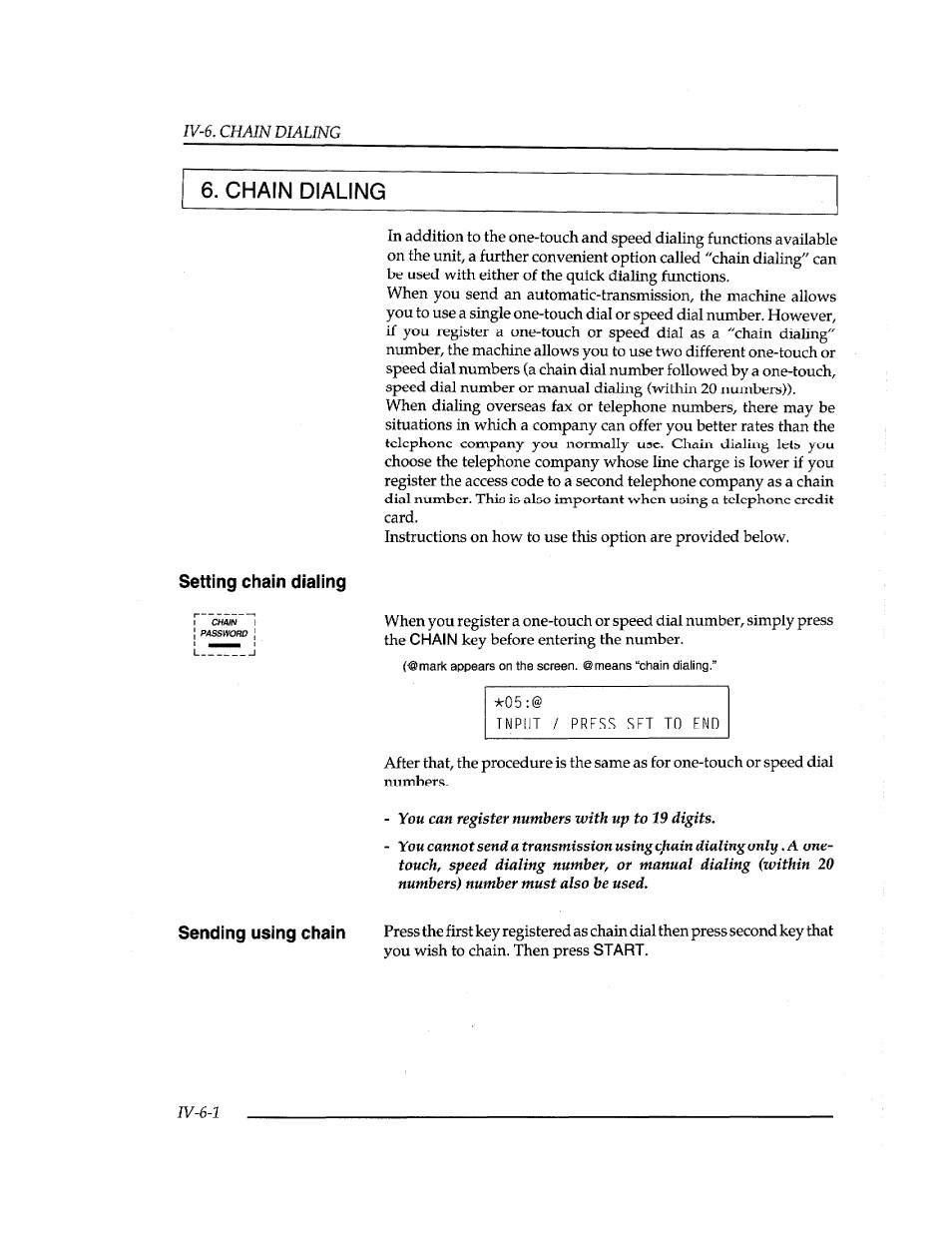 Chain dialing, Setting chain dialing, Input / press set to end | Mark appears on the screen, ©means “chain dialing | Brother INSTAFAX FAX2100M User Manual | Page 88 / 172