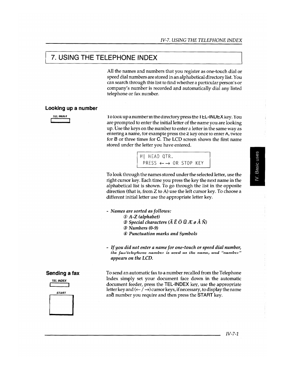 Using the telephone index, H( head qtr, Press or stop key | Sending a fax | Brother INSTAFAX FAX2100M User Manual | Page 89 / 172