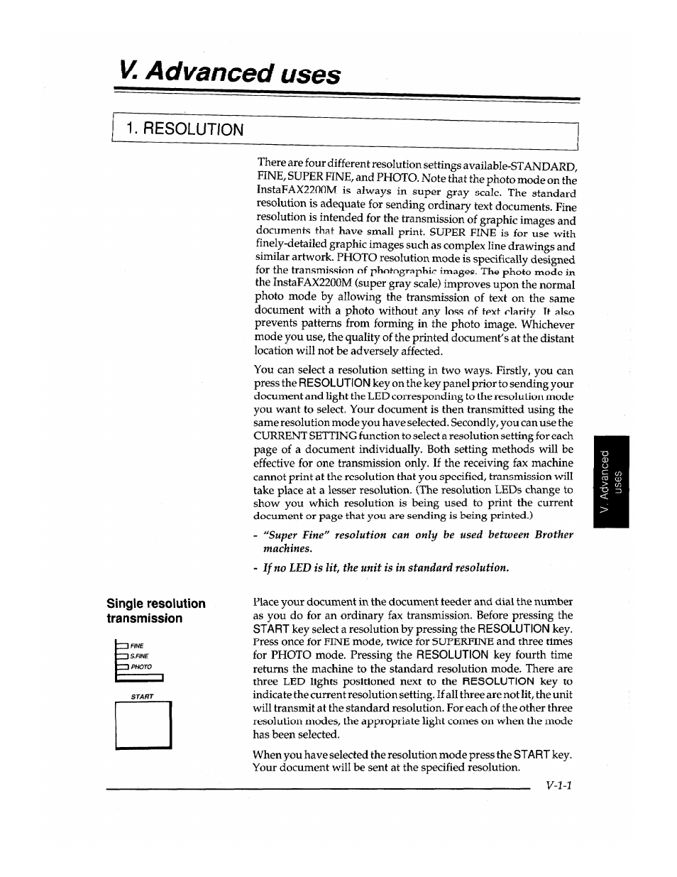 Advanced uses, Resolution, Single resolution transmission | Brother INSTAFAX FAX2100M User Manual | Page 95 / 172