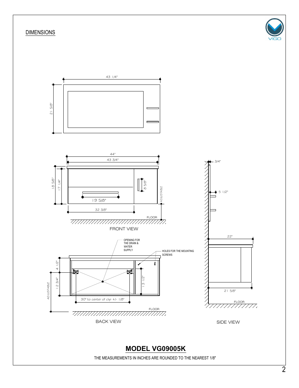 Dimensions | Vigo VG0905K User Manual | Page 2 / 7
