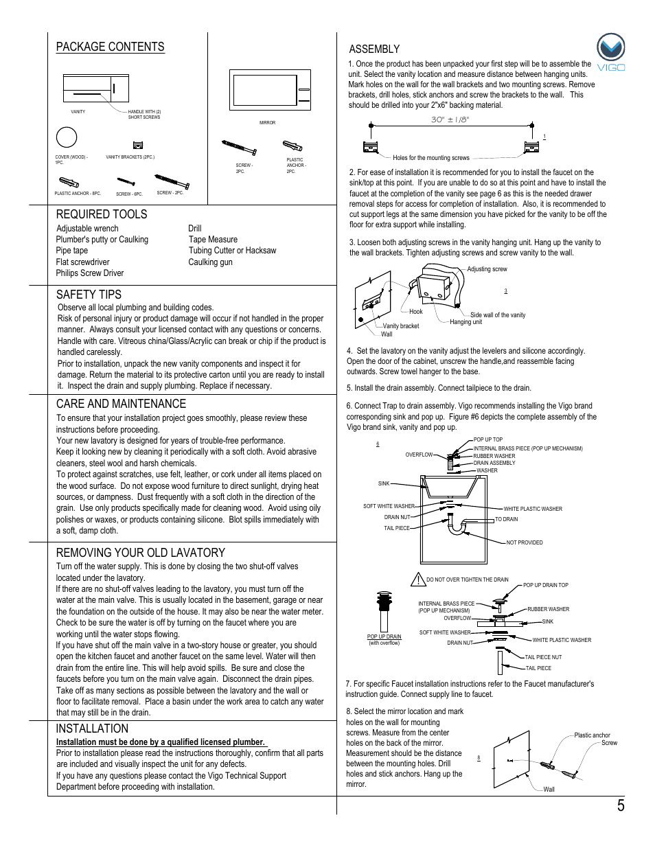 Package contents, Removing your old lavatory, Assembly | Vigo VG0905K User Manual | Page 5 / 7