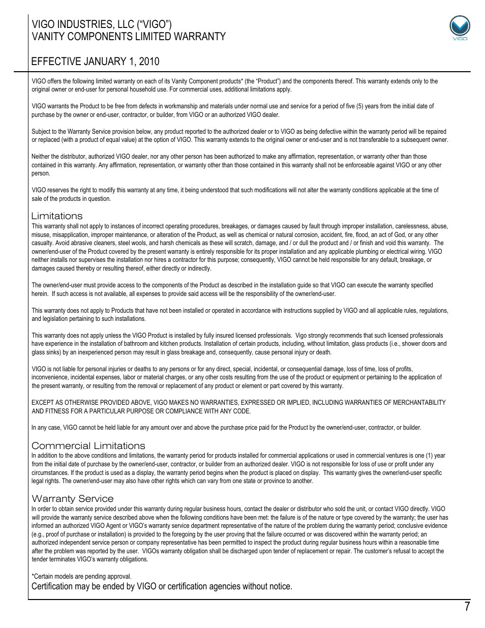 Vigo VG0905K User Manual | Page 7 / 7