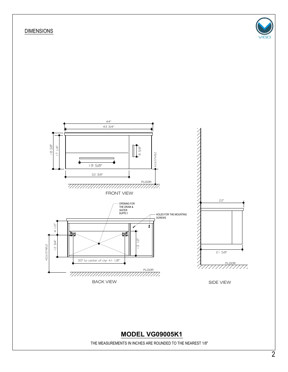 Dimensions | Vigo VG0905K1 User Manual | Page 2 / 7