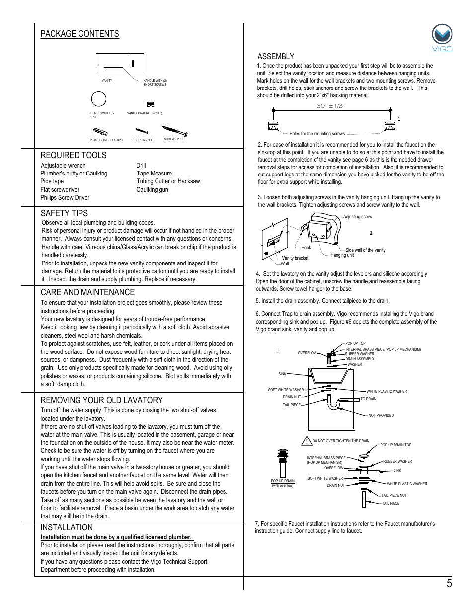 Removing your old lavatory, Assembly | Vigo VG0905K1 User Manual | Page 5 / 7