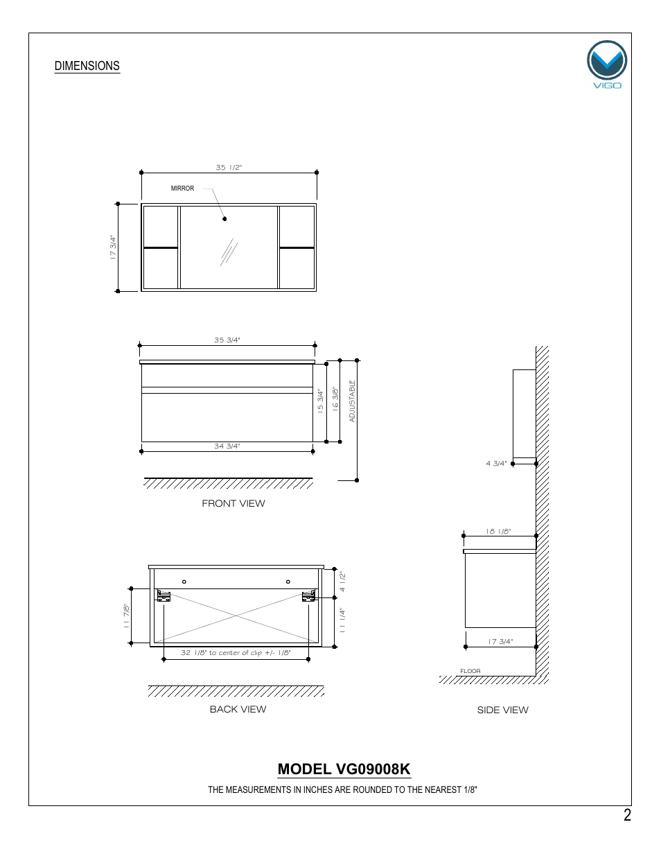 Dimensions | Vigo VG0908K User Manual | Page 2 / 7