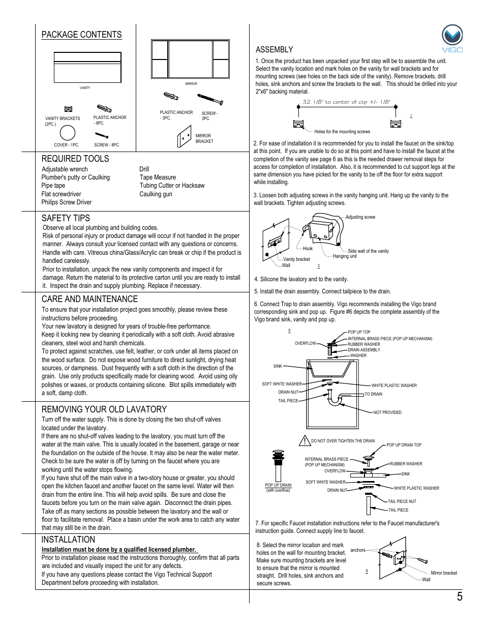 Package contents, Removing your old lavatory, Assembly | Vigo VG0908K User Manual | Page 5 / 7