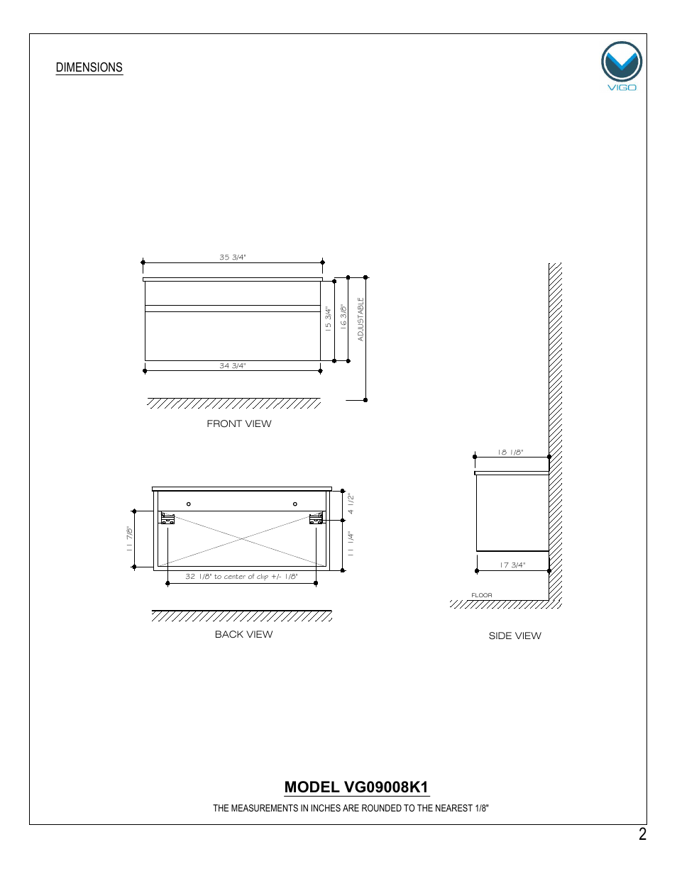 Dimensions | Vigo VG0908K1 User Manual | Page 2 / 7