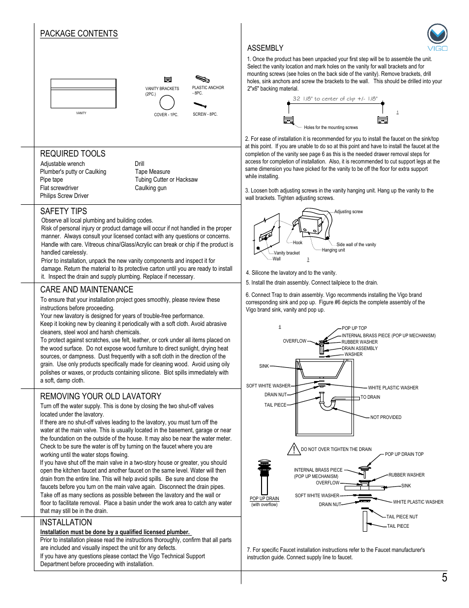 Package contents, Removing your old lavatory, Assembly | Vigo VG0908K1 User Manual | Page 5 / 7