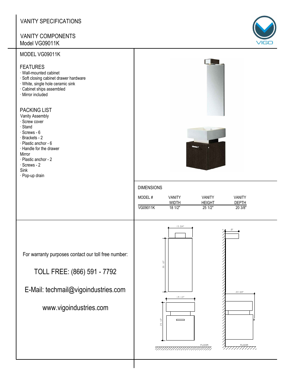 Vigo VG0901K User Manual | 7 pages