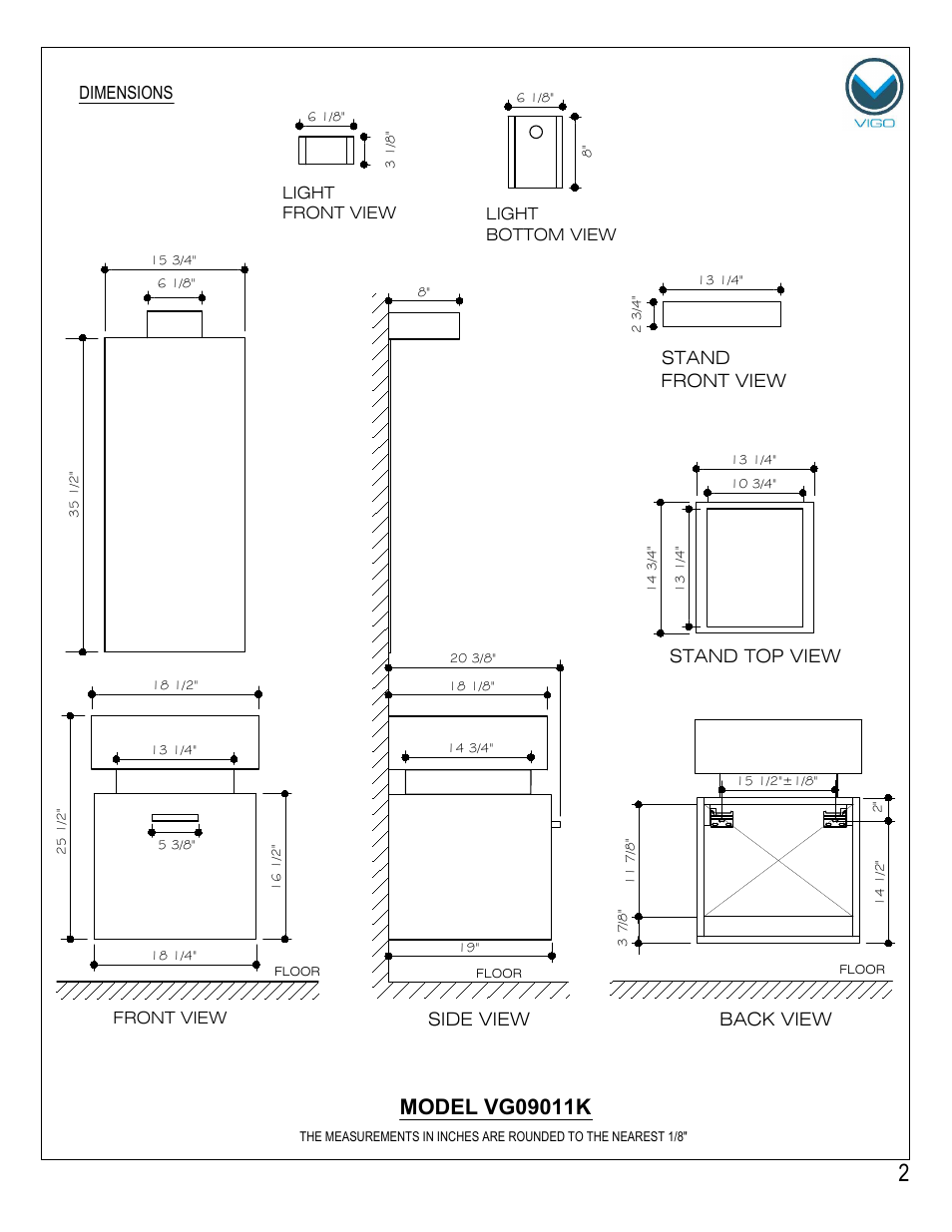 Side view back view, Stand top view stand front view, Dimensions | Vigo VG0901K User Manual | Page 2 / 7