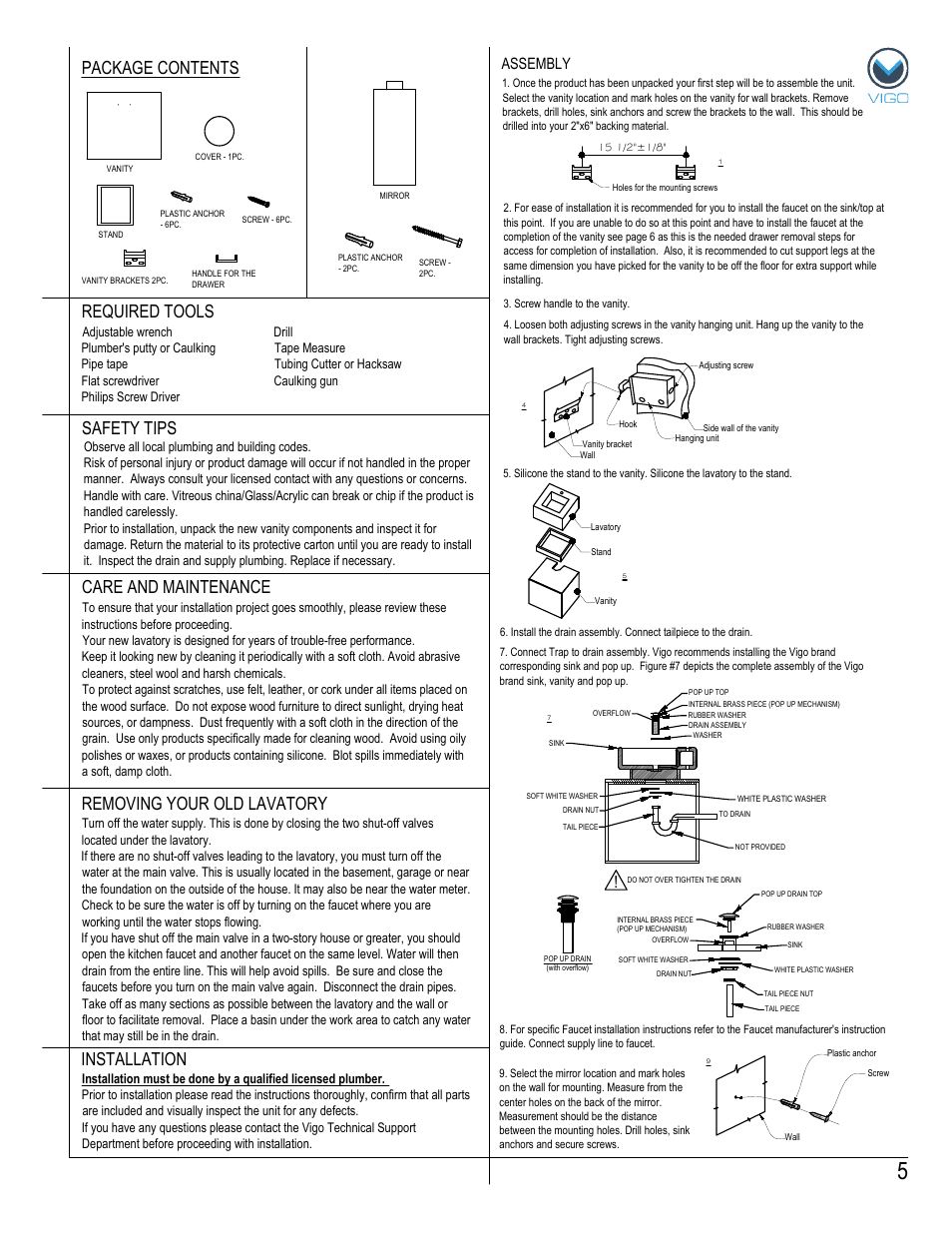 Package contents removing your old lavatory, Assembly | Vigo VG0901K User Manual | Page 5 / 7