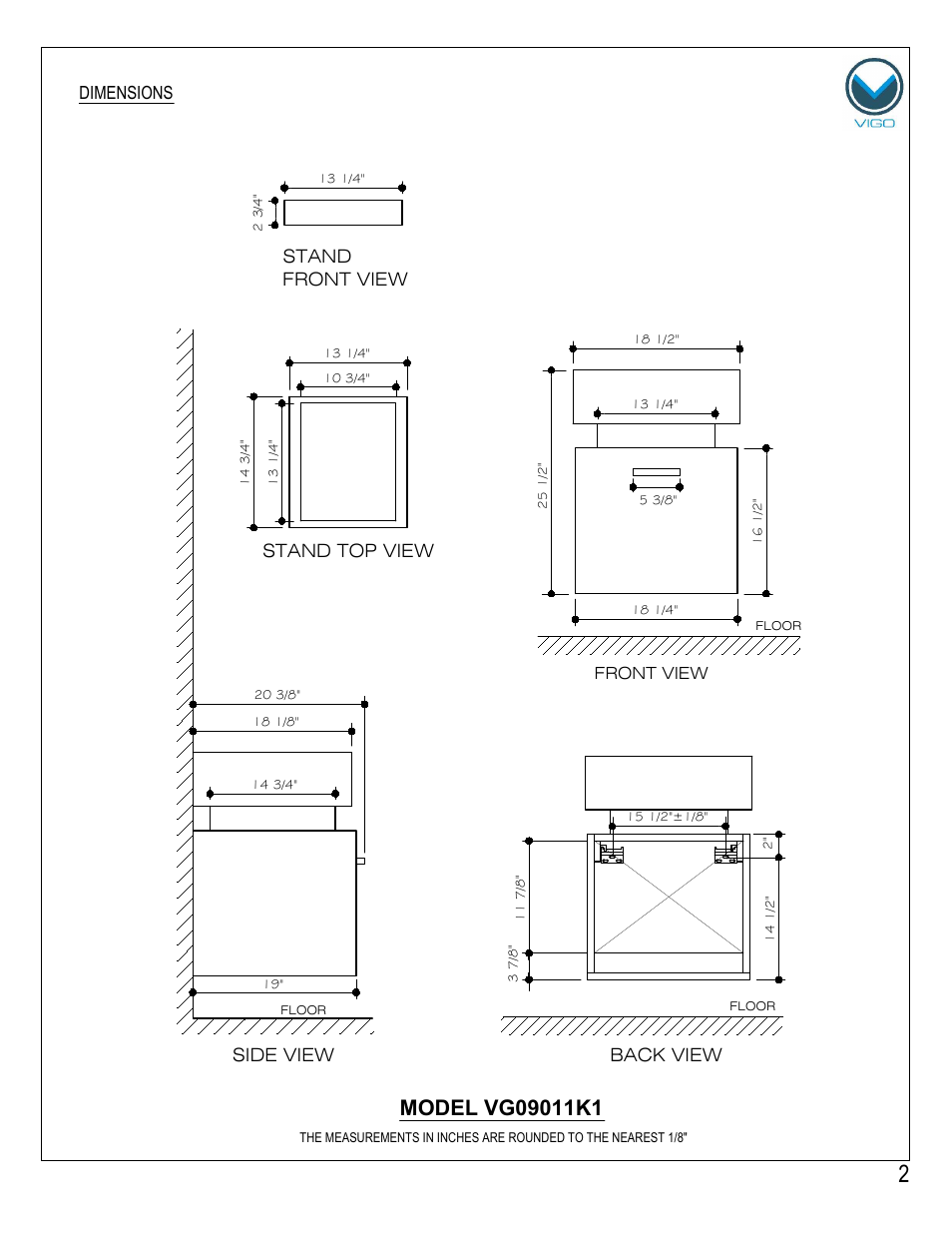 Side view back view, Stand top view stand front view, Dimensions | Vigo VG0901K1 User Manual | Page 2 / 7