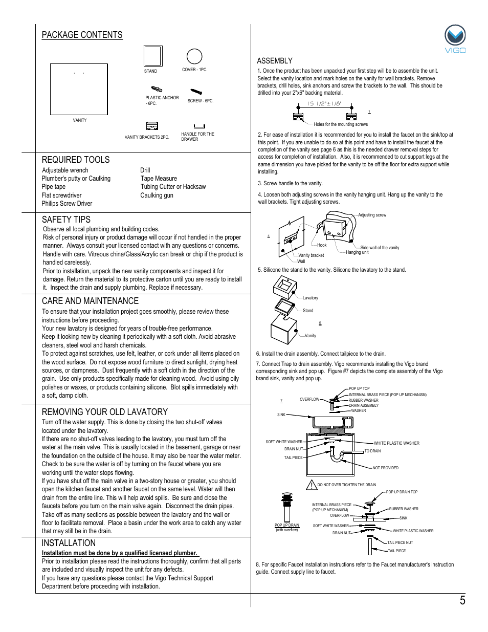 Package contents removing your old lavatory, Assembly | Vigo VG0901K1 User Manual | Page 5 / 7