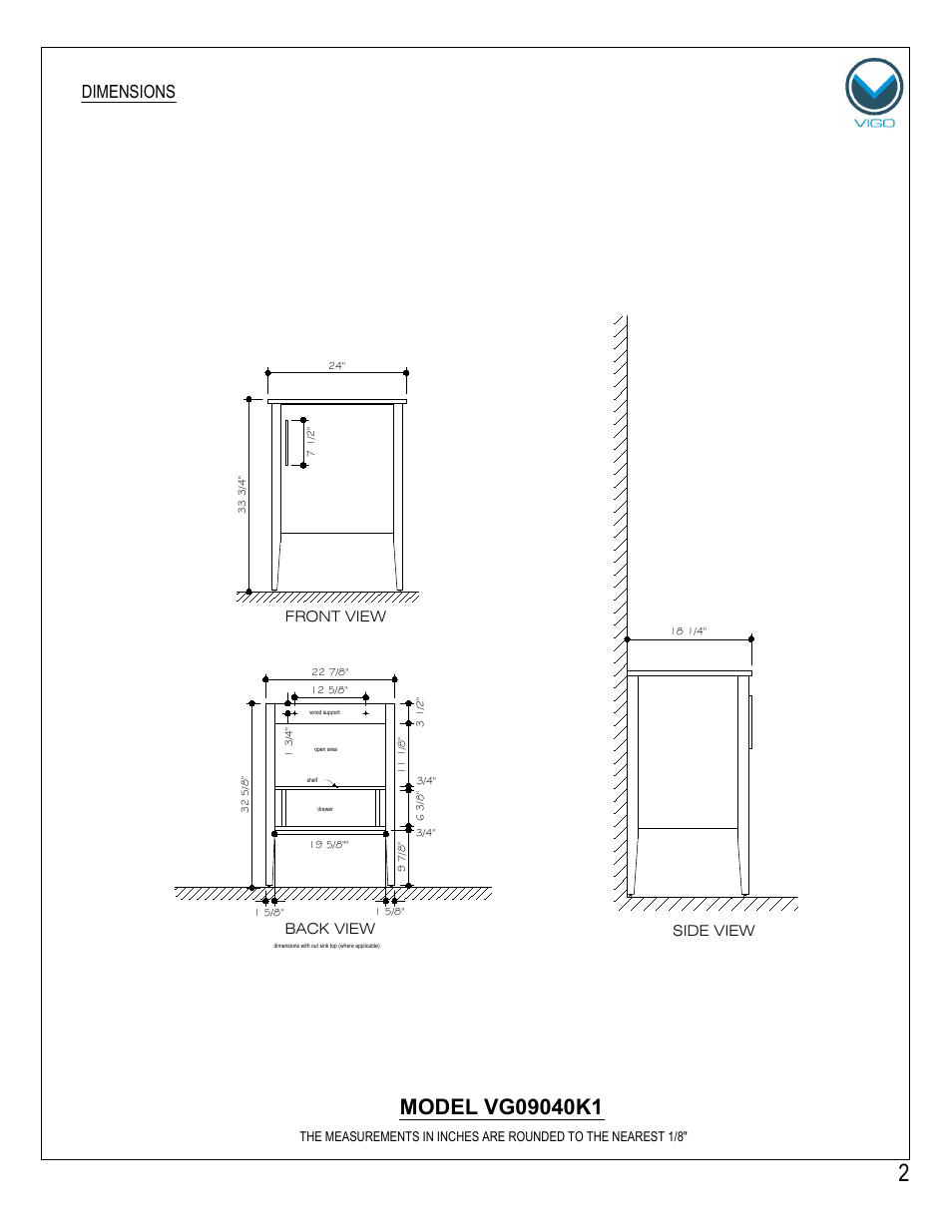 Dimensions | Vigo VG09040K1 User Manual | Page 2 / 7