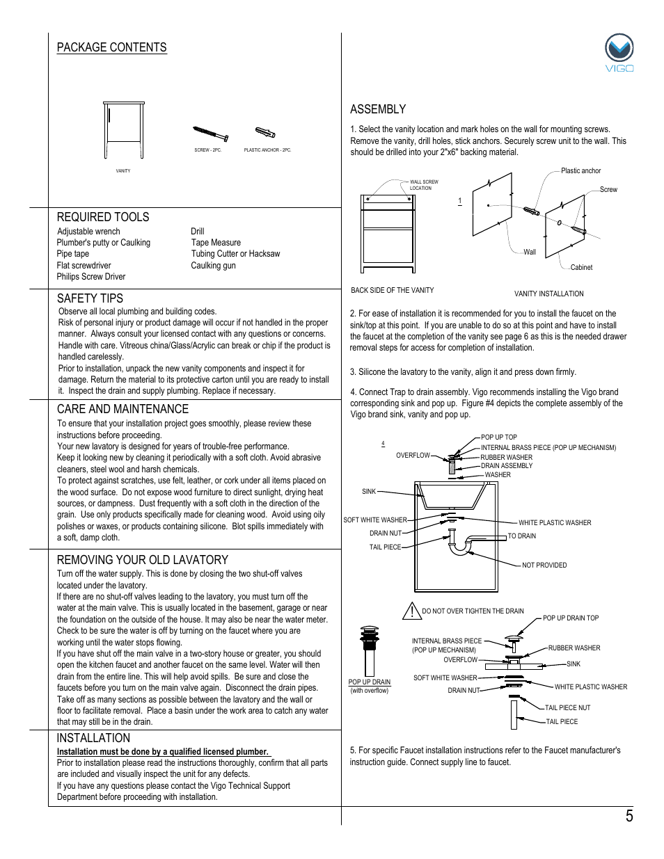 Assembly package contents, Removing your old lavatory | Vigo VG09040K1 User Manual | Page 5 / 7