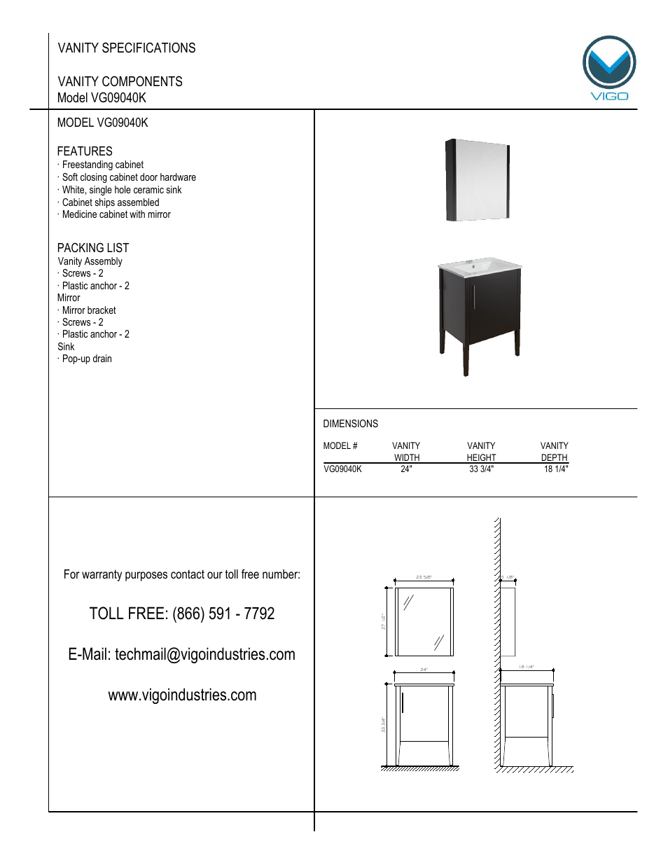 Vigo VG09040K User Manual | 7 pages