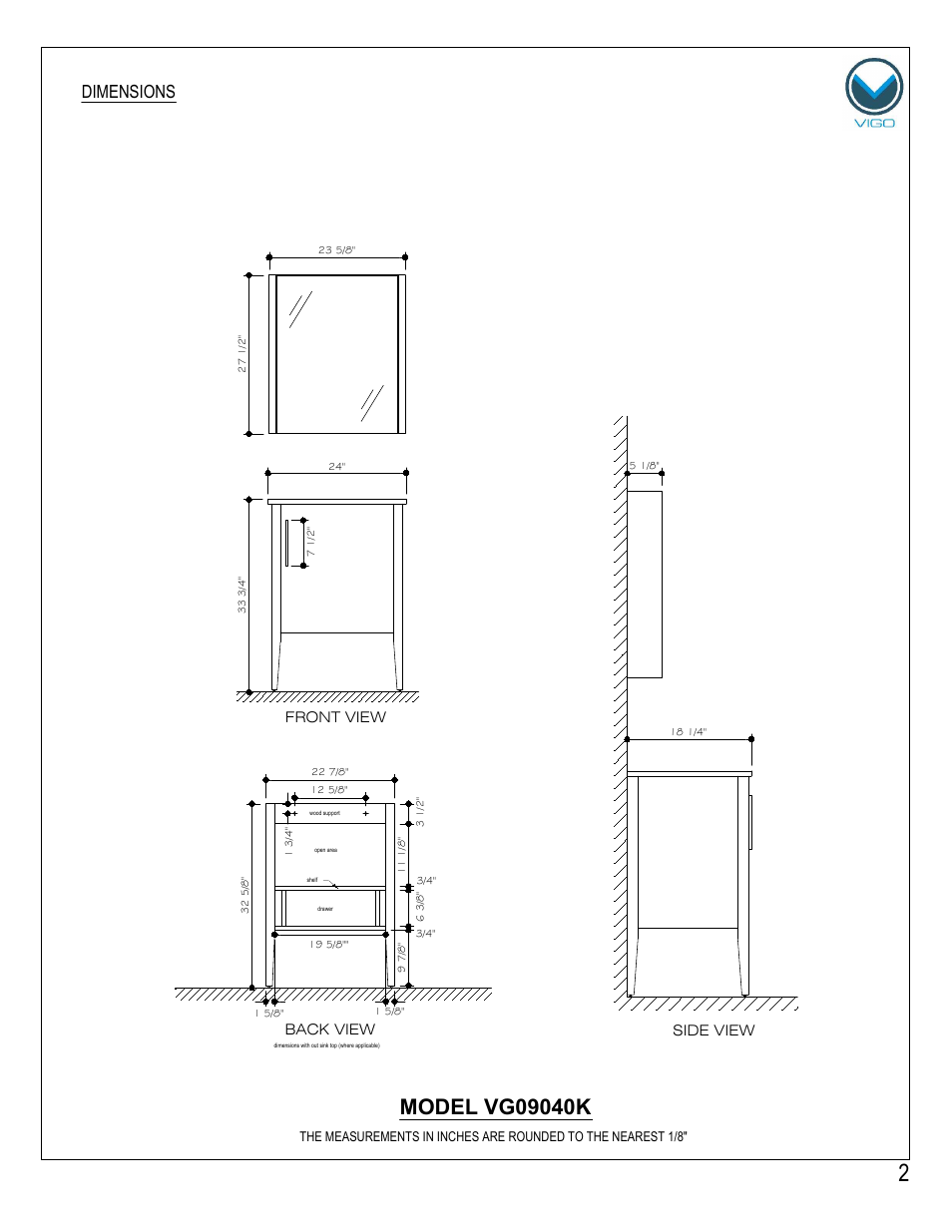 Dimensions | Vigo VG09040K User Manual | Page 2 / 7