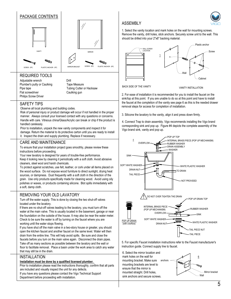 Assembly package contents, Removing your old lavatory | Vigo VG09040K User Manual | Page 5 / 7