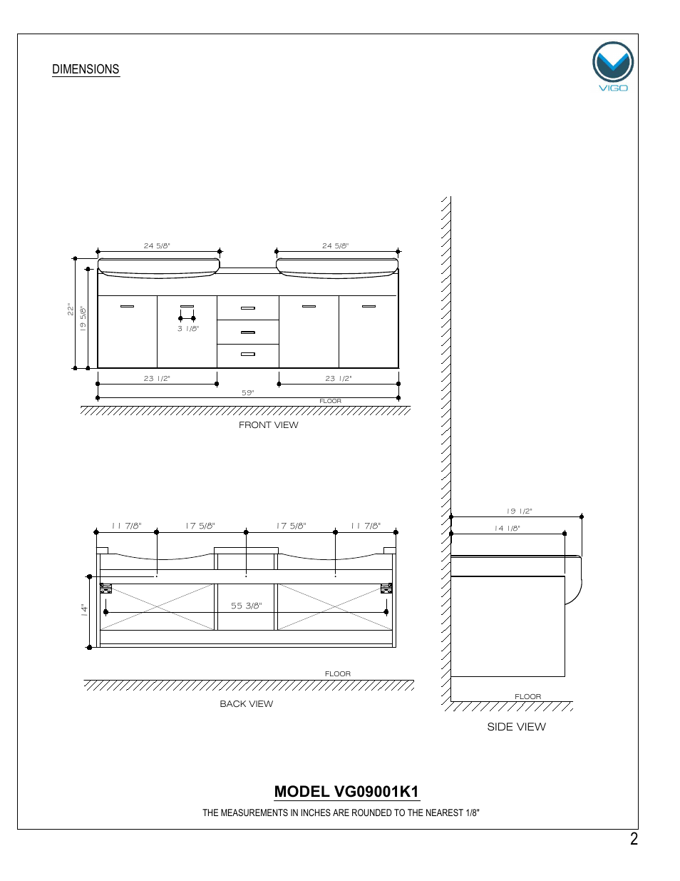 Dimensions | Vigo VG09001K1 User Manual | Page 2 / 7