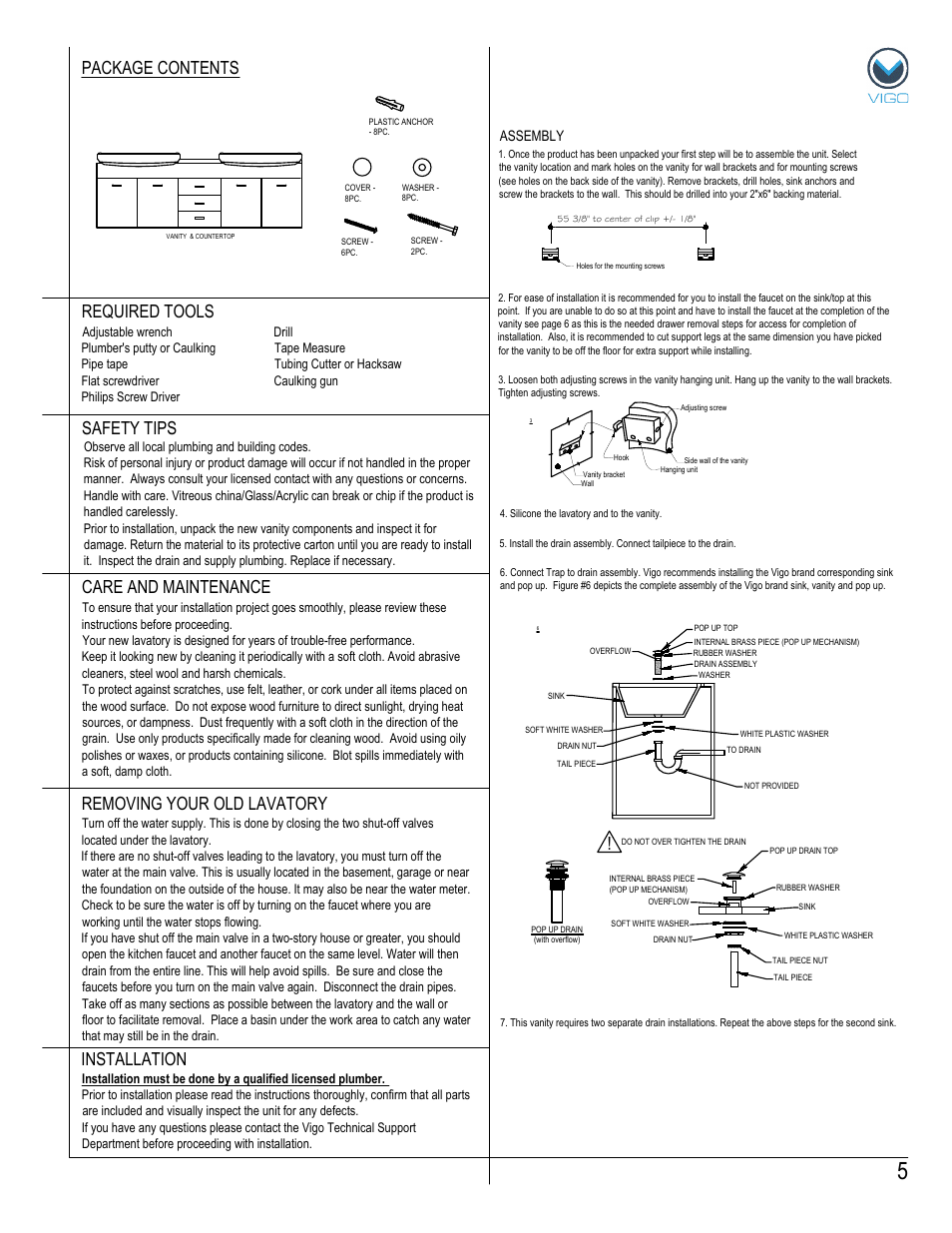 Package contents, Removing your old lavatory, Assembly | Vigo VG09001K1 User Manual | Page 5 / 7