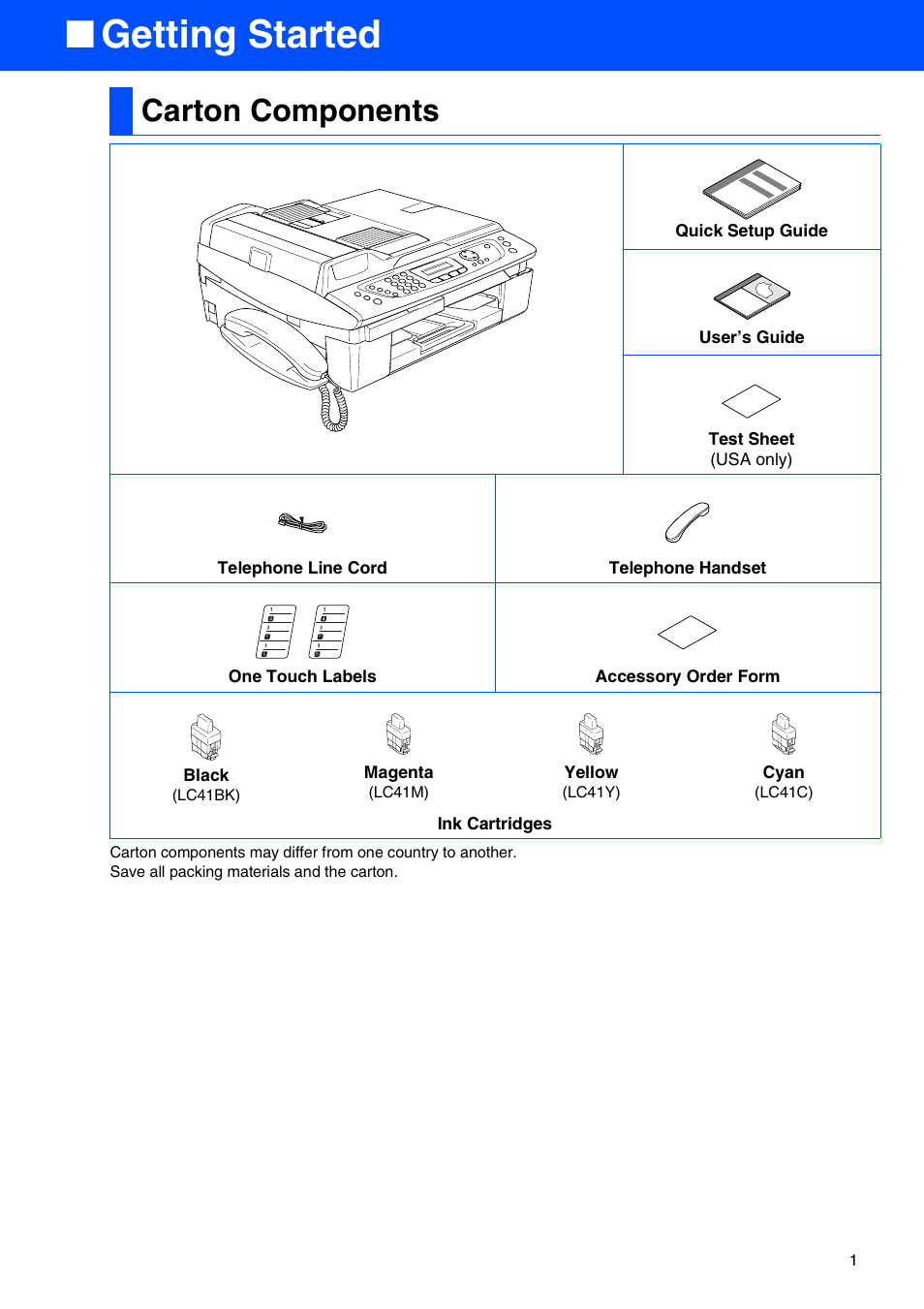 Getting started, Carton components | Brother 2440C User Manual | Page 3 / 16