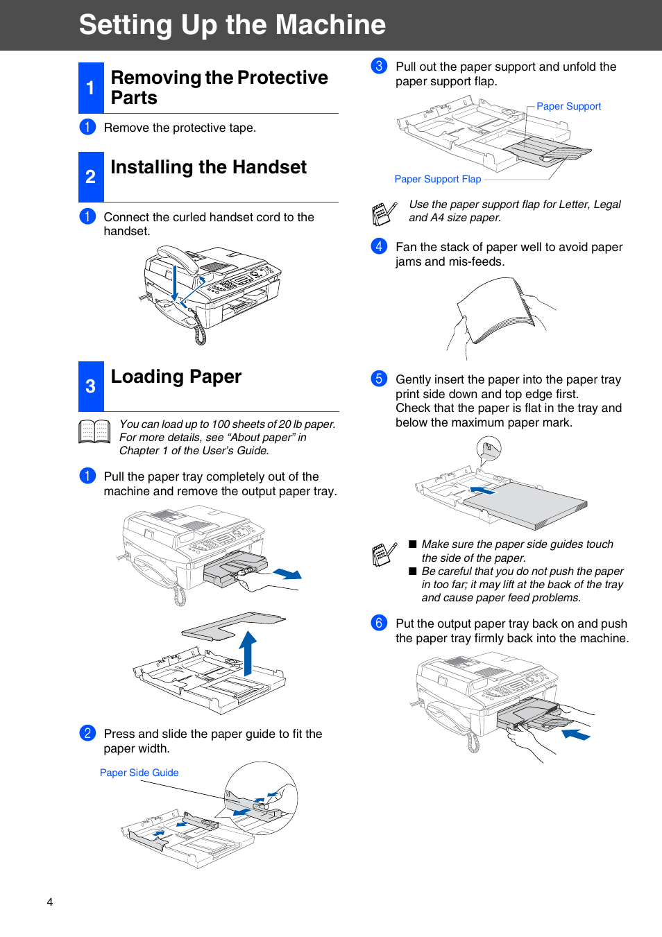 Setting up the machine, 1 removing the protective parts, 2 installing the handset | 3 loading paper, Removing the protective parts, Installing the handset, Loading paper | Brother 2440C User Manual | Page 6 / 16