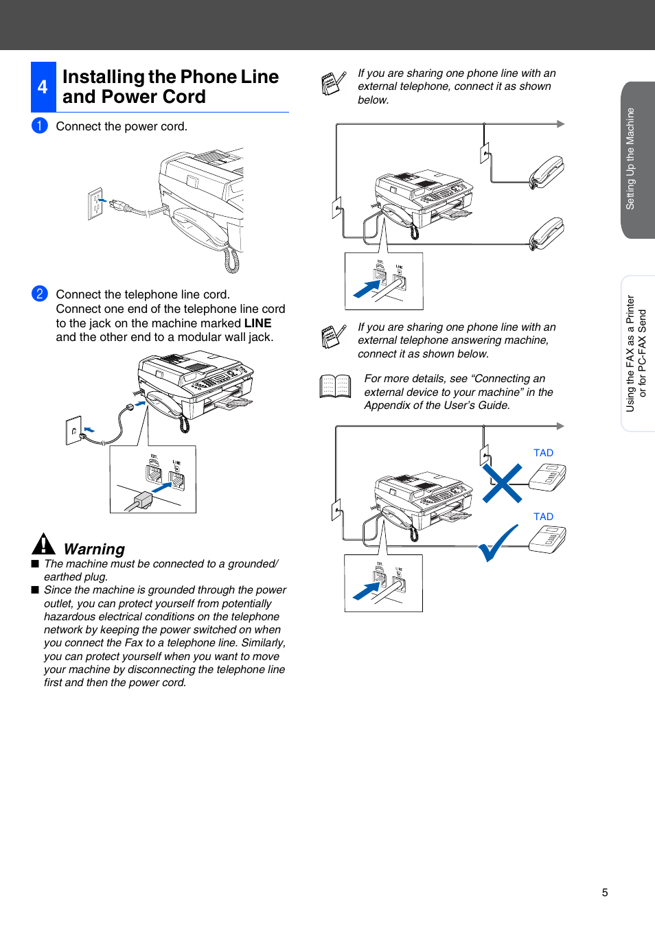 4 installing the phone line and power cord, Installing the phone line and power cord, 4installing the phone line and power cord | Warning | Brother 2440C User Manual | Page 7 / 16