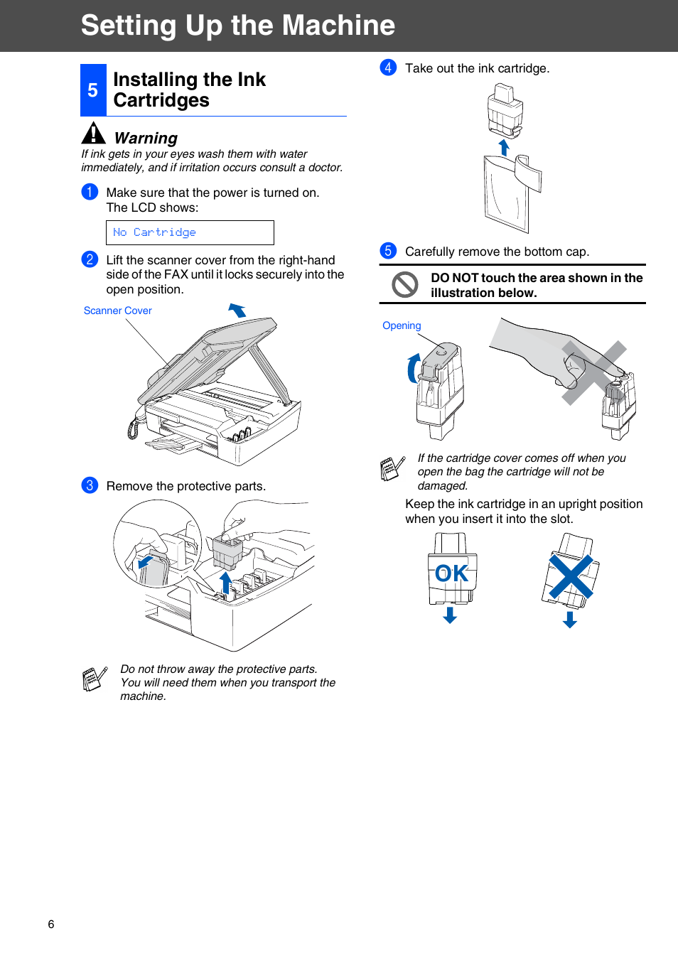 5 installing the ink cartridges, Installing the ink cartridges, Setting up the machine | 5installing the ink cartridges | Brother 2440C User Manual | Page 8 / 16