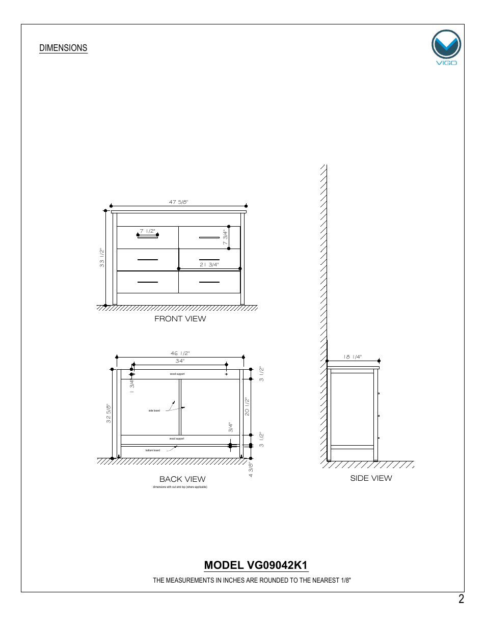 Dimensions | Vigo VG09042K1 User Manual | Page 2 / 7