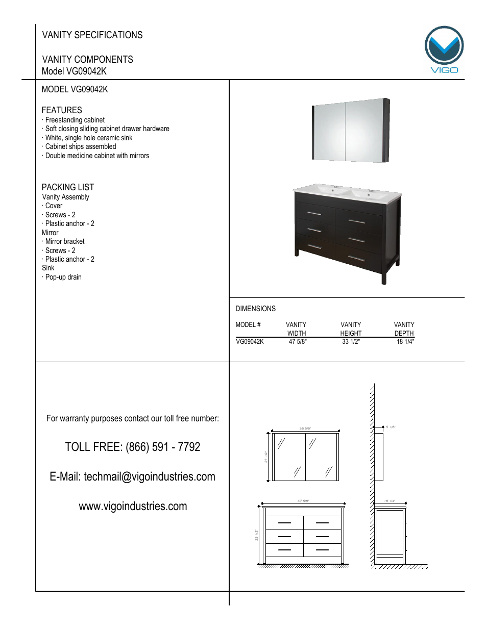 Vigo VG09042K User Manual | 7 pages