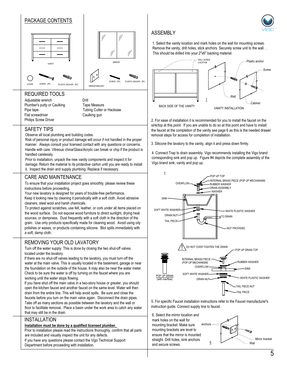 Assembly package contents, Removing your old lavatory | Vigo VG09042K User Manual | Page 5 / 7