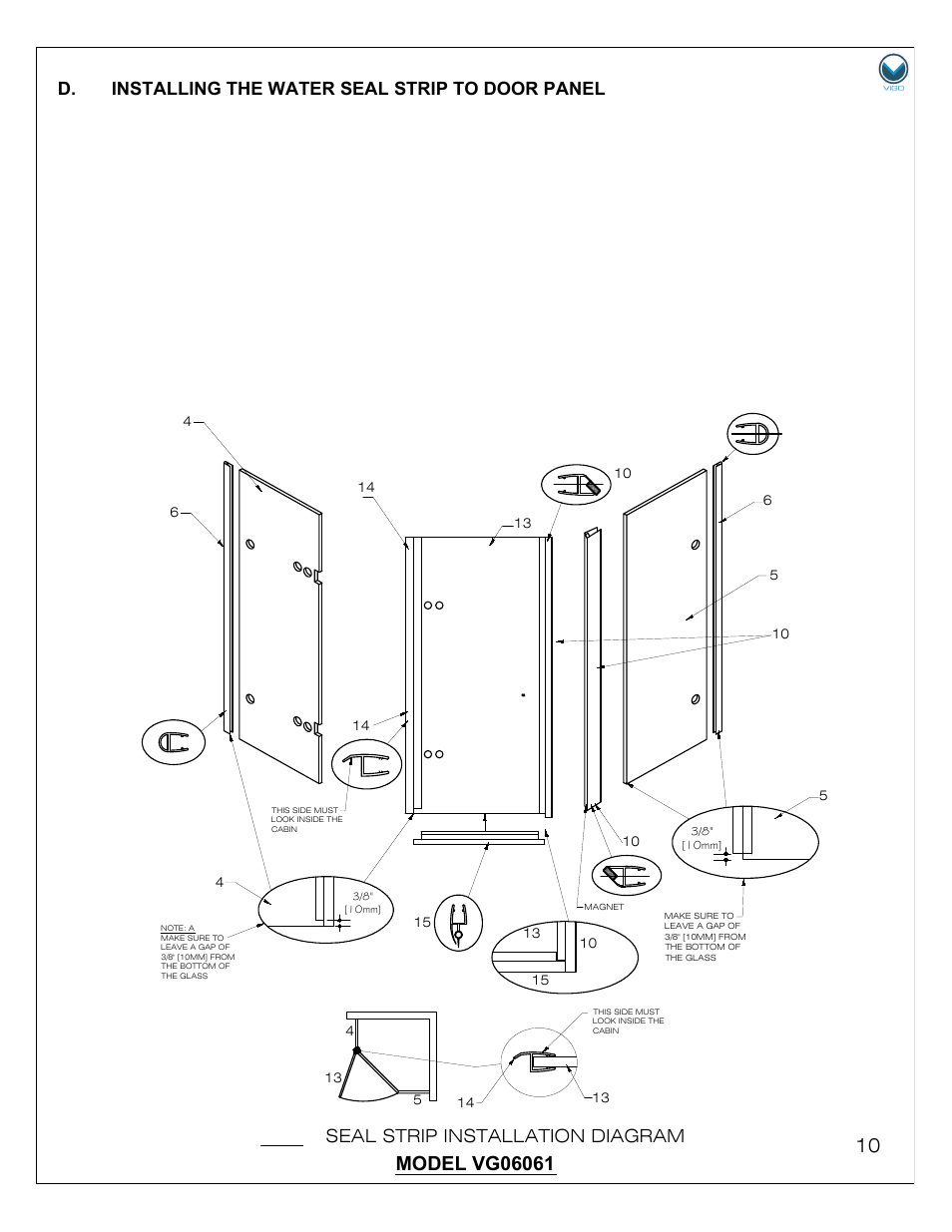 Seal strip installation diagram, D. installing the water seal strip to door panel | Vigo VG06061 User Manual | Page 10 / 18