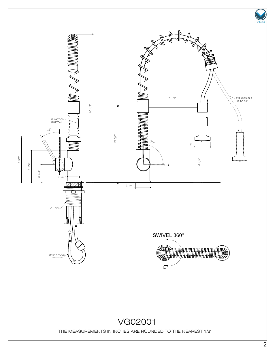 Front view side view, Top view | Vigo VG02001 User Manual | Page 2 / 5
