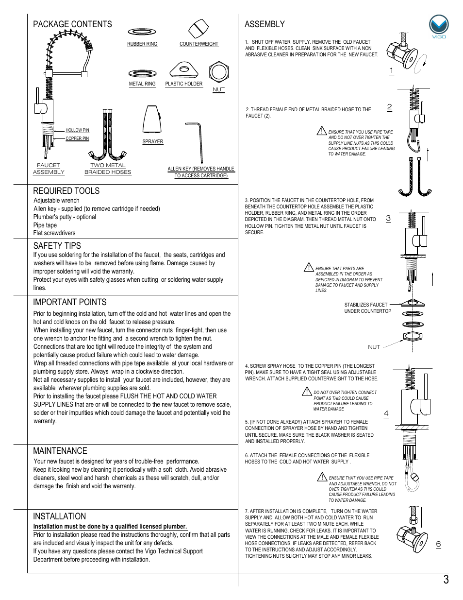 Maintenance assembly required tools, Safety tips, Important points | Installation, Package contents | Vigo VG02003 User Manual | Page 3 / 5