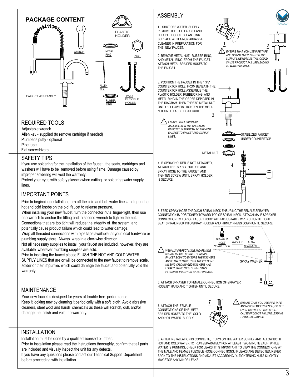Maintenance assembly required tools, Safety tips, Important points | Installation, Package content | Vigo VG02006 User Manual | Page 3 / 5