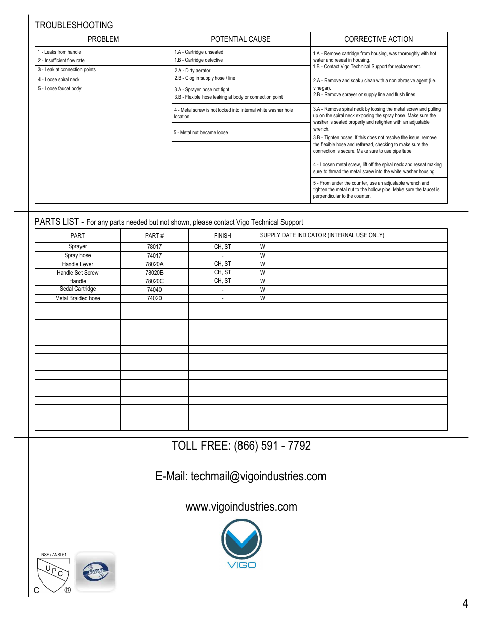 Troubleshooting, Parts list | Vigo VG02006 User Manual | Page 4 / 5