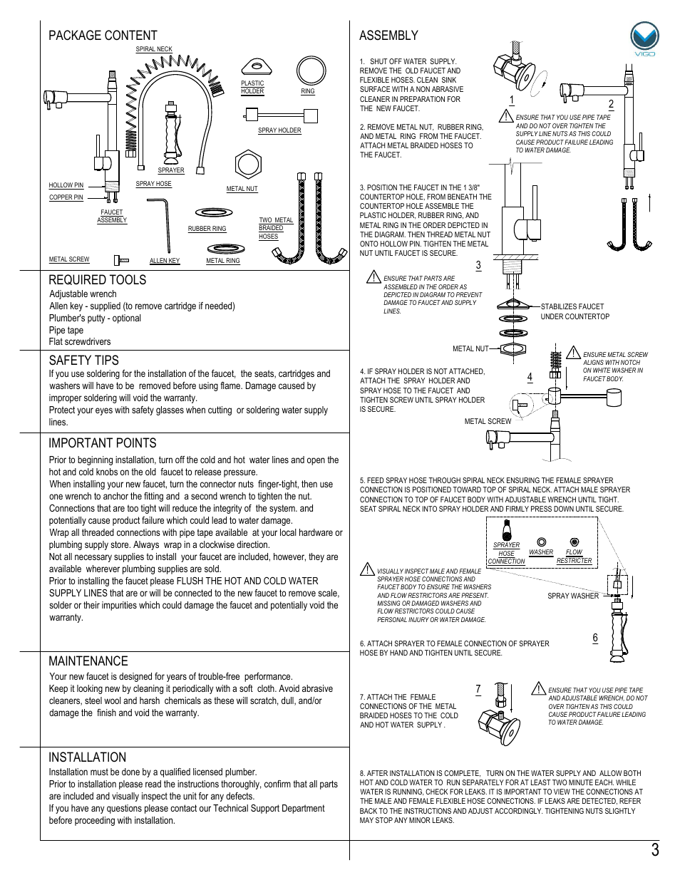 Maintenance package content, Assembly required tools, Safety tips | Important points, Installation | Vigo VG02007 User Manual | Page 3 / 5