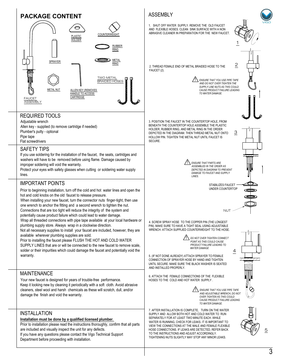 Package content, Maintenance assembly required tools, Safety tips | Important points, Installation | Vigo VG02008 User Manual | Page 3 / 5