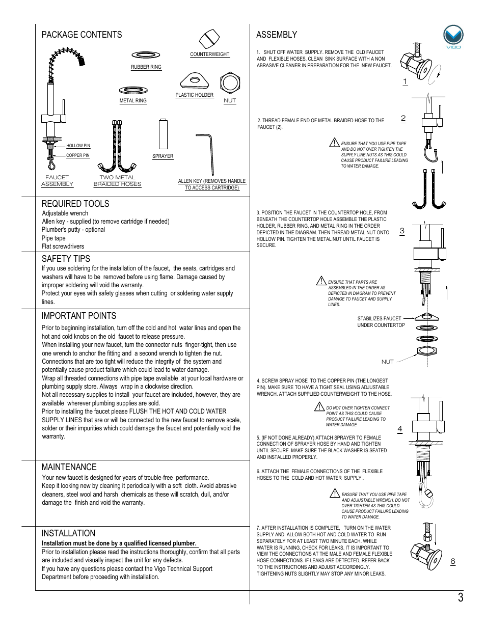 Maintenance assembly required tools, Safety tips, Important points | Installation, Package contents | Vigo VG02009 User Manual | Page 3 / 5