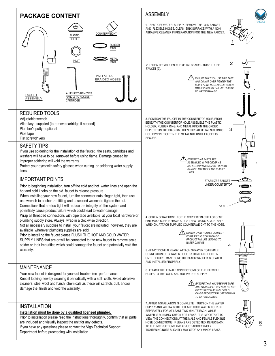 Package content, Maintenance assembly required tools, Safety tips | Important points, Installation | Vigo VG02013 User Manual | Page 3 / 5