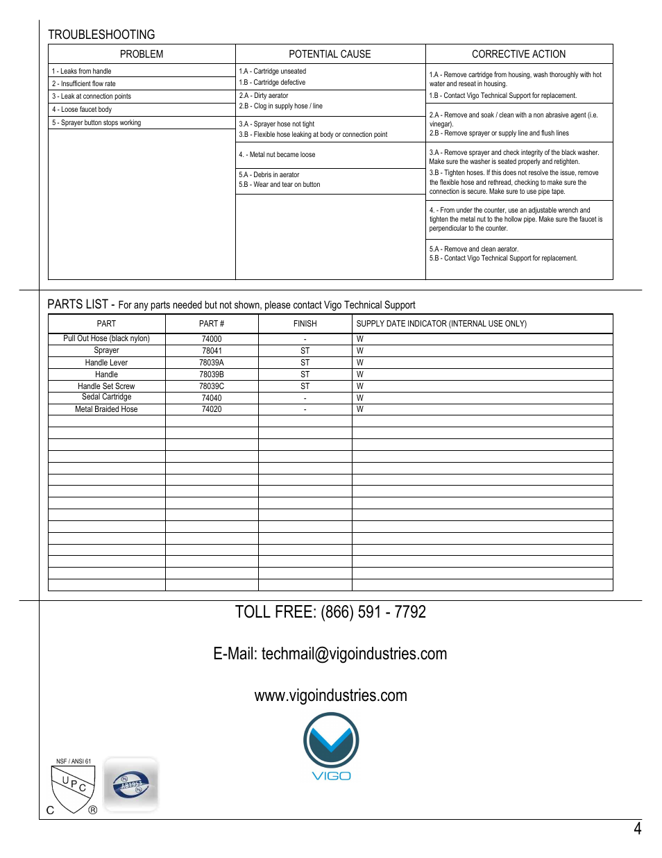 Troubleshooting, Parts list | Vigo VG02014 User Manual | Page 4 / 5